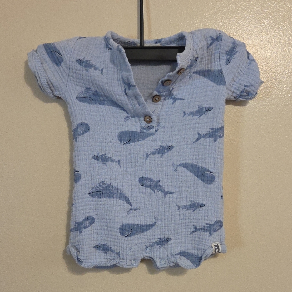 Rabbit+Bear 100% Organic Cotton Blue Whale Print Infant One Piece Bodysuit 3-6M